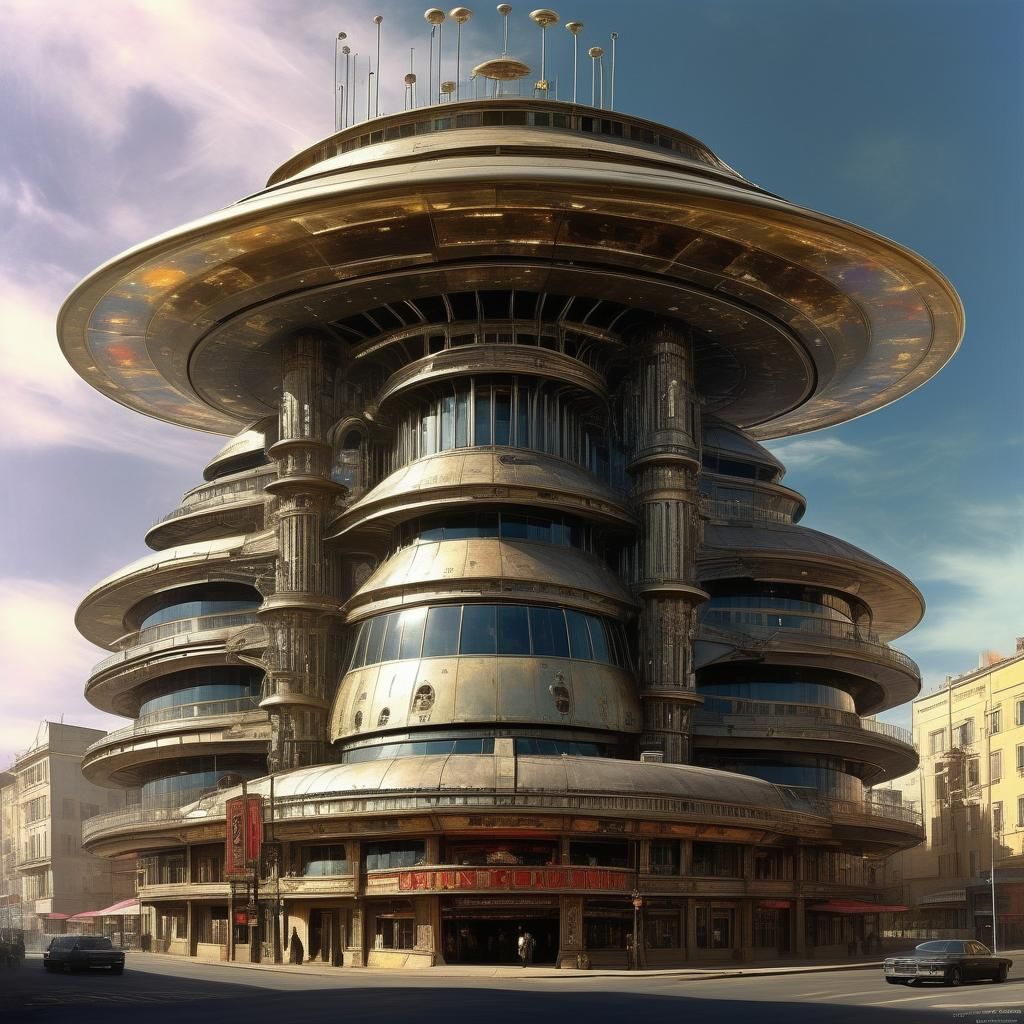 Futuristic Hat-Shaped Casino in City, Surrealist Style