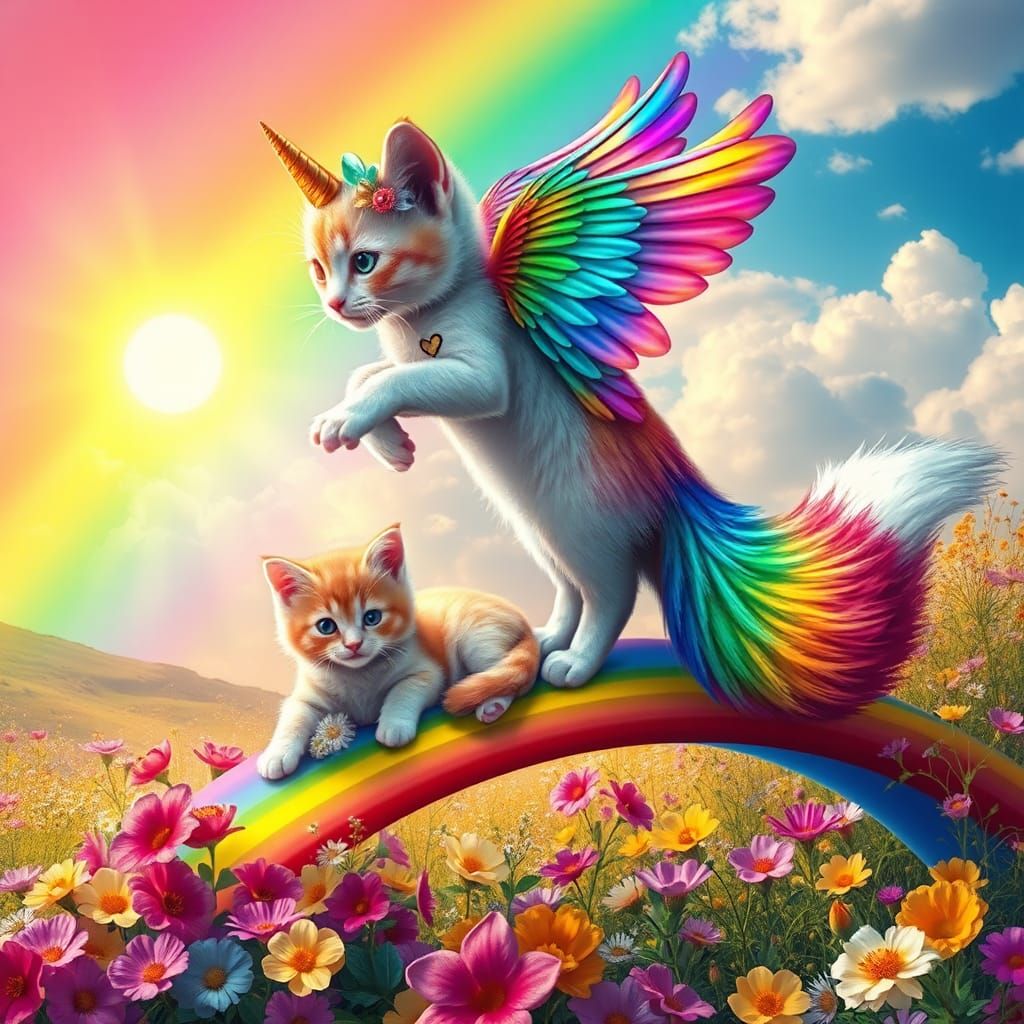 Rainbow Kitten and Winged Fox in Dreamlike Matte Painting