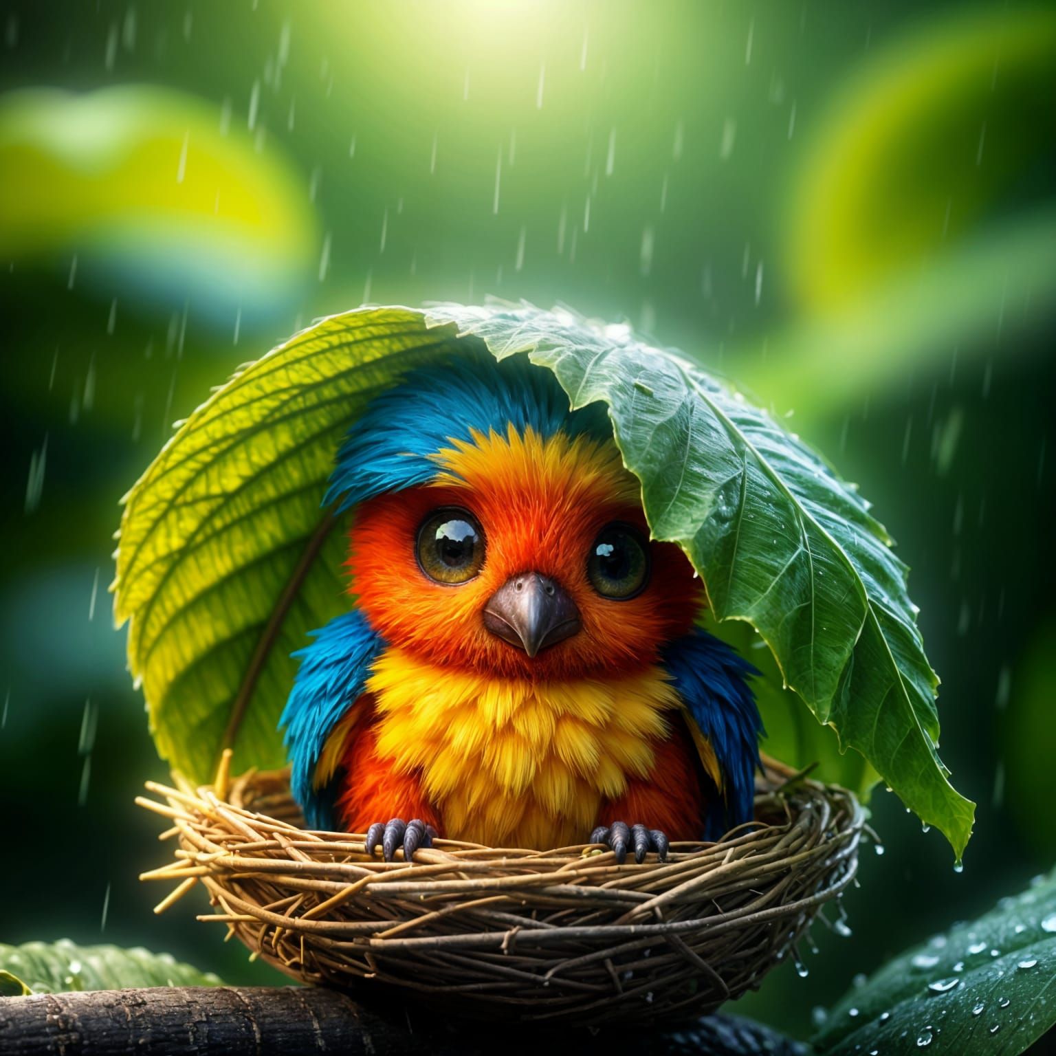 Tropical Bird Sheltered from Storm in Vibrant 3D Digital Art