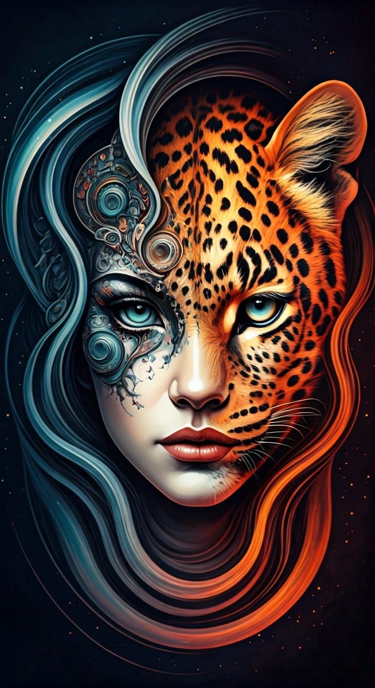 Leopard and Woman: Tattoo Art Fantasy Portrait