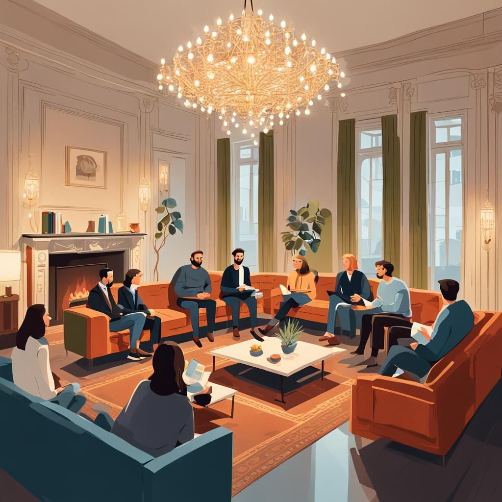 Communal Hall Discussion in Abstract Art Style