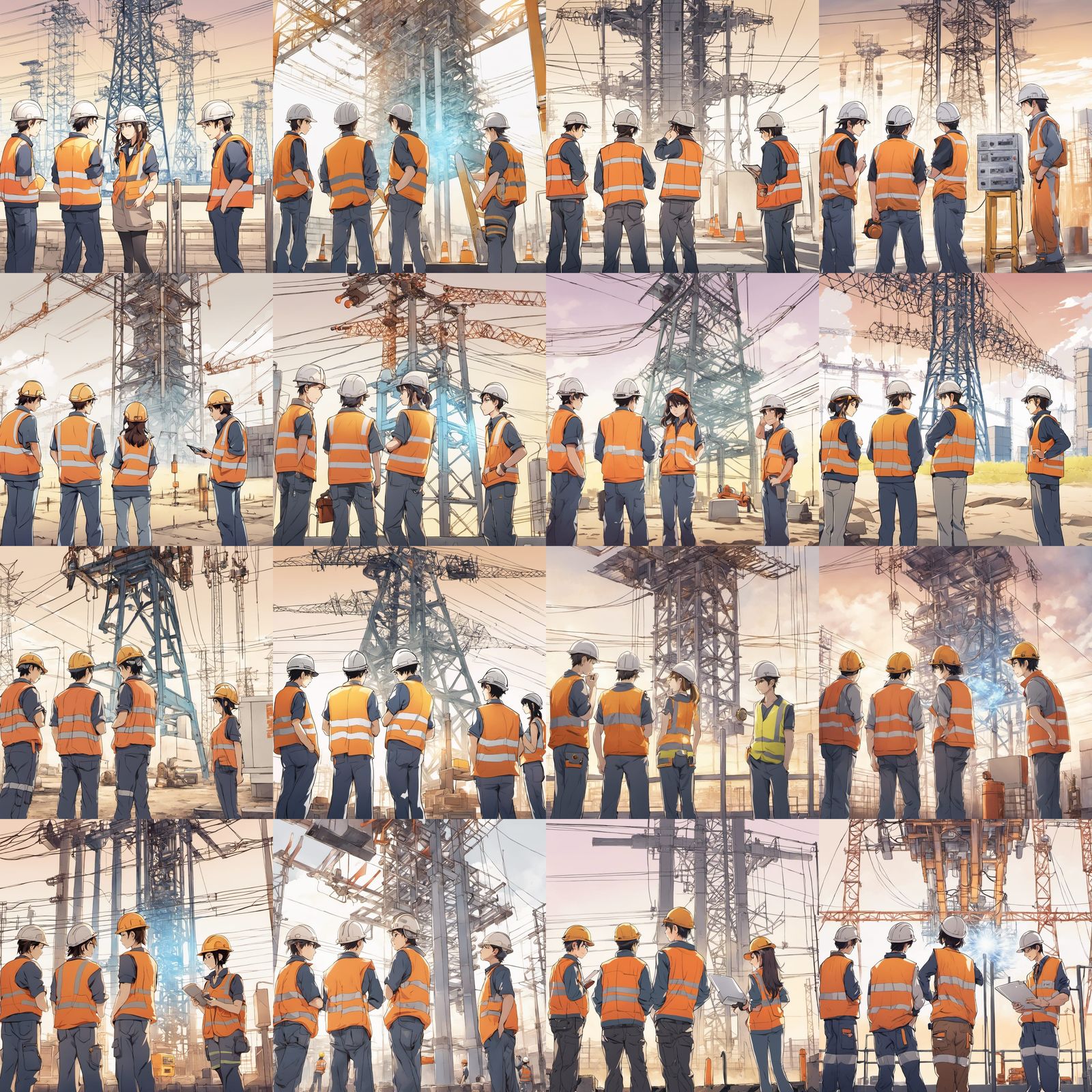 Construction Workers Inspecting Electrical Substation in Ani...