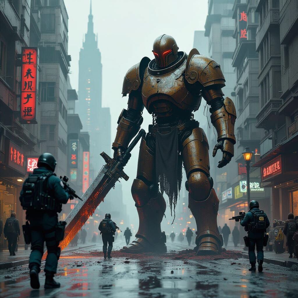Futuristic City Clash: Armored Knight vs. Law Enforcers