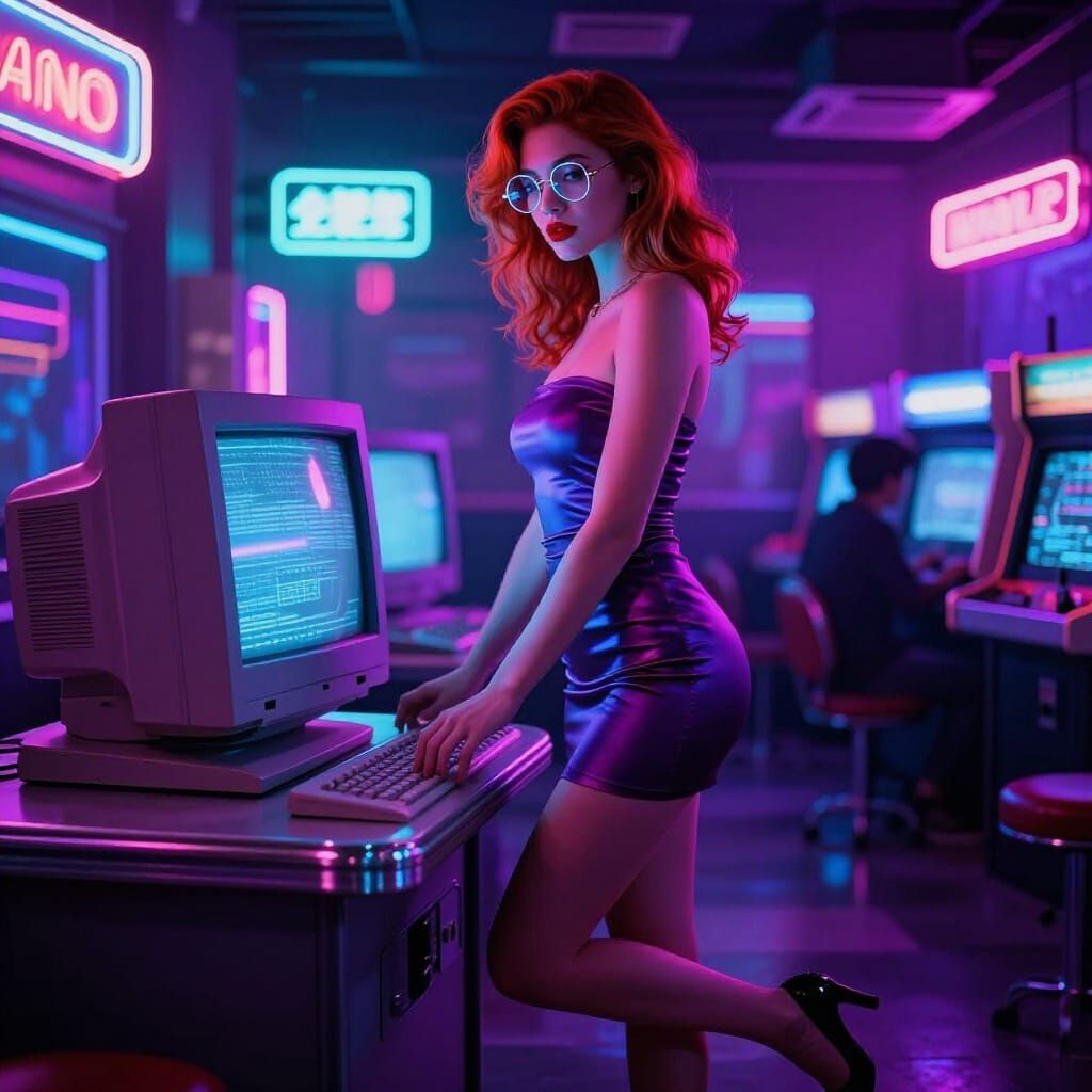 Neon Synthwave Cafe with Retro Computer Terminal