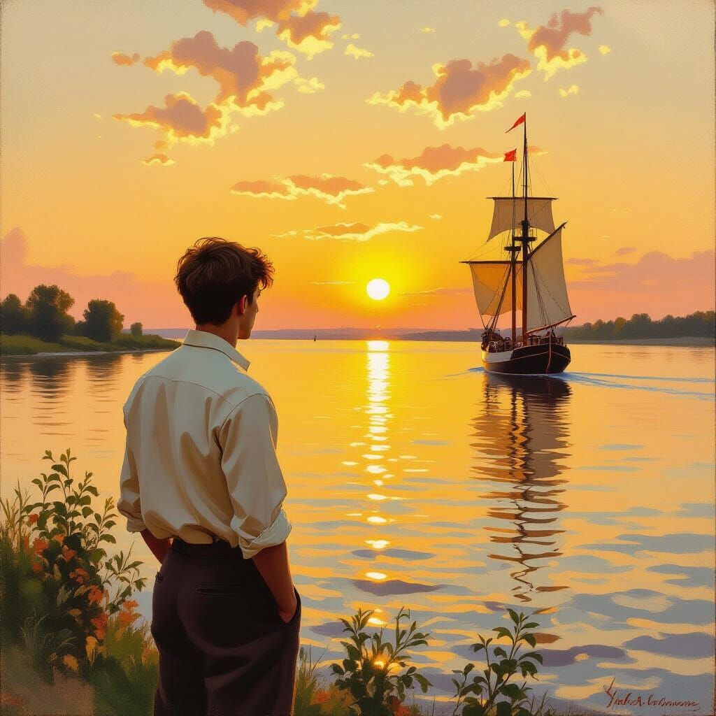 Man Gazes at Volga River in Aivazovsky & Levitan Styles