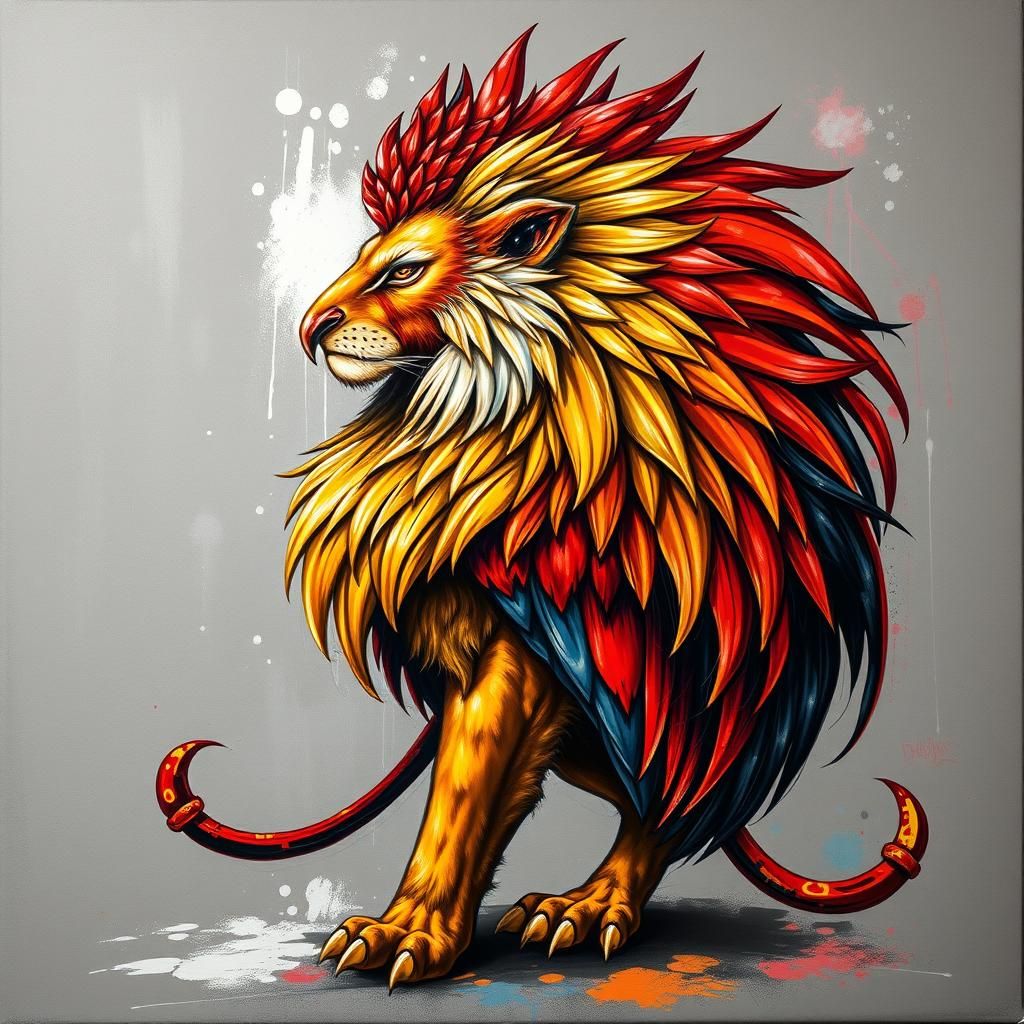 Majestic Lion-Rooster Hybrid in Polychromatic Graffiti Style