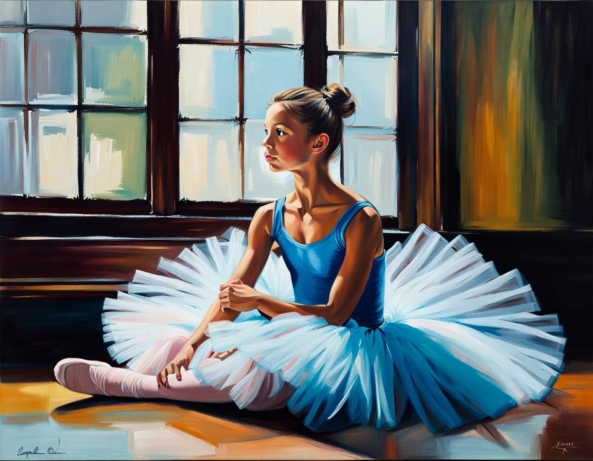 Ballerina in Pastel Oil Painting Gazing in Mirror