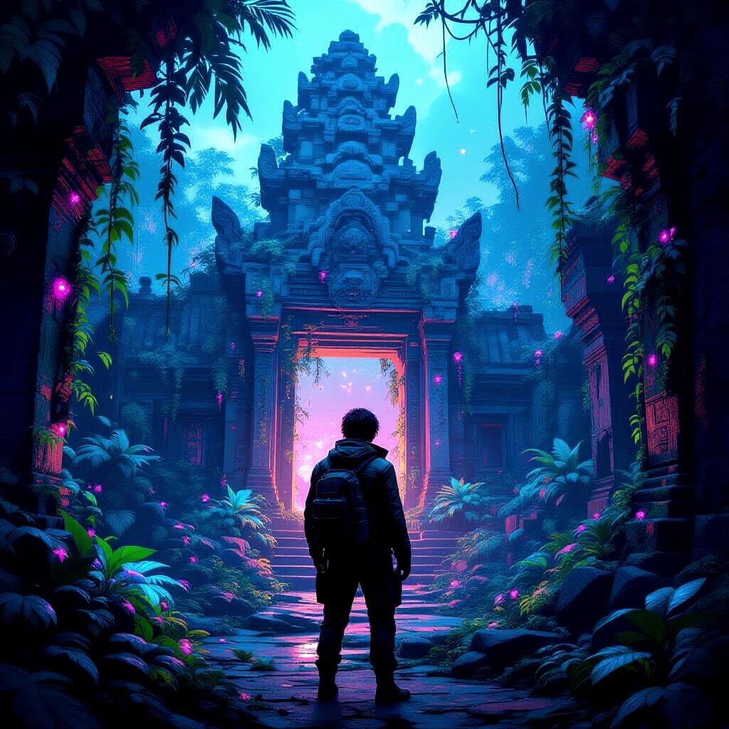 Explorer at Bioluminescent Neon Jungle Temple