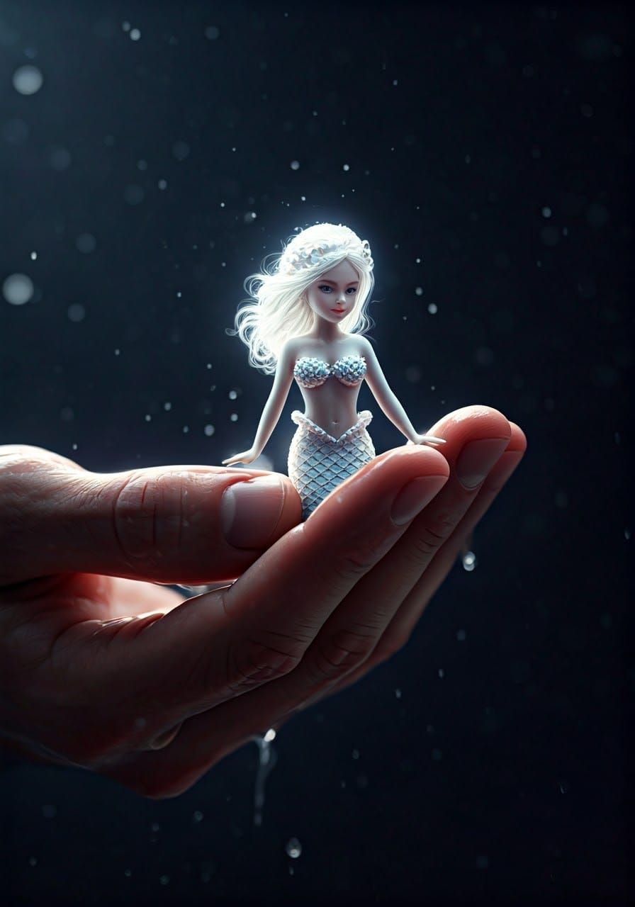 Silver Mermaid Shimmers in Man's Hand