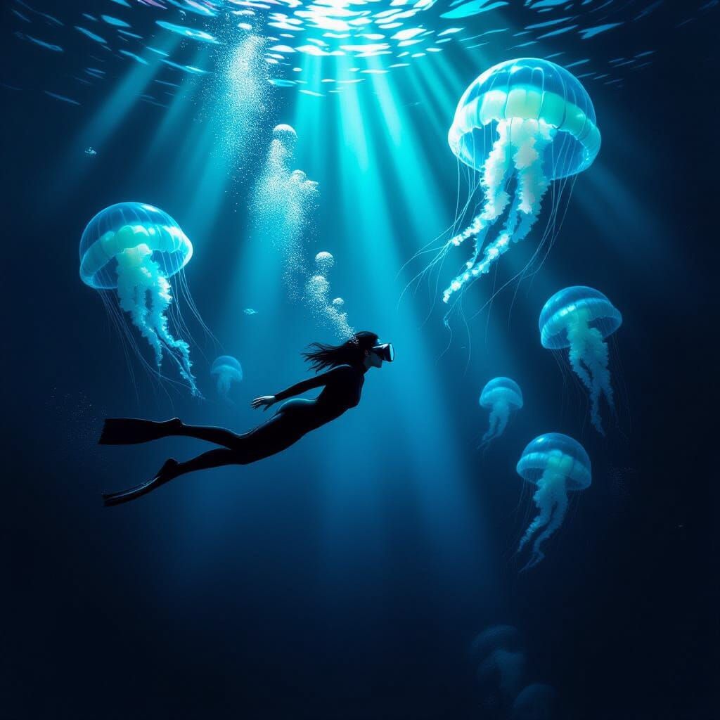 Diver Explores Wreckage Amidst Giant Jellyfish in Dark Water