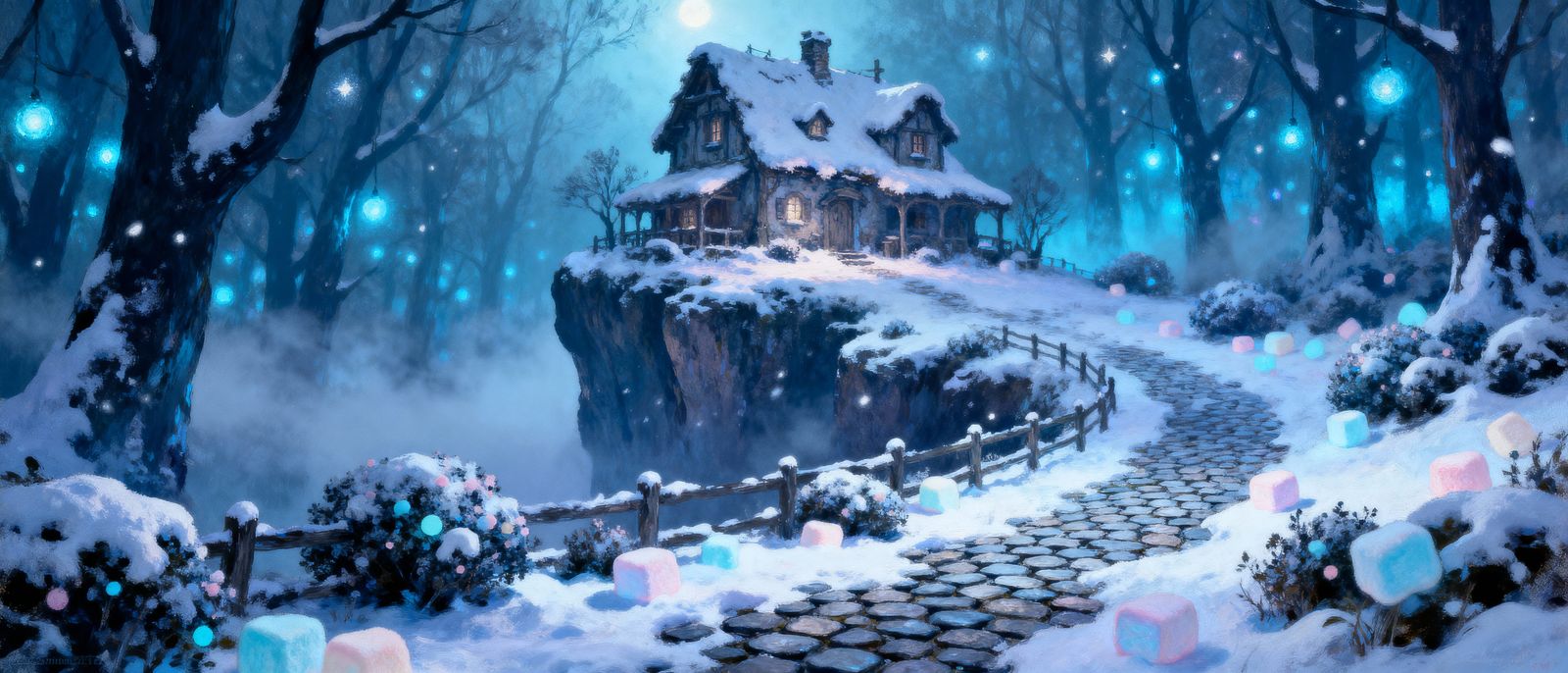 Snowy Hut on Cliff in Whimsical Blacklight Forest