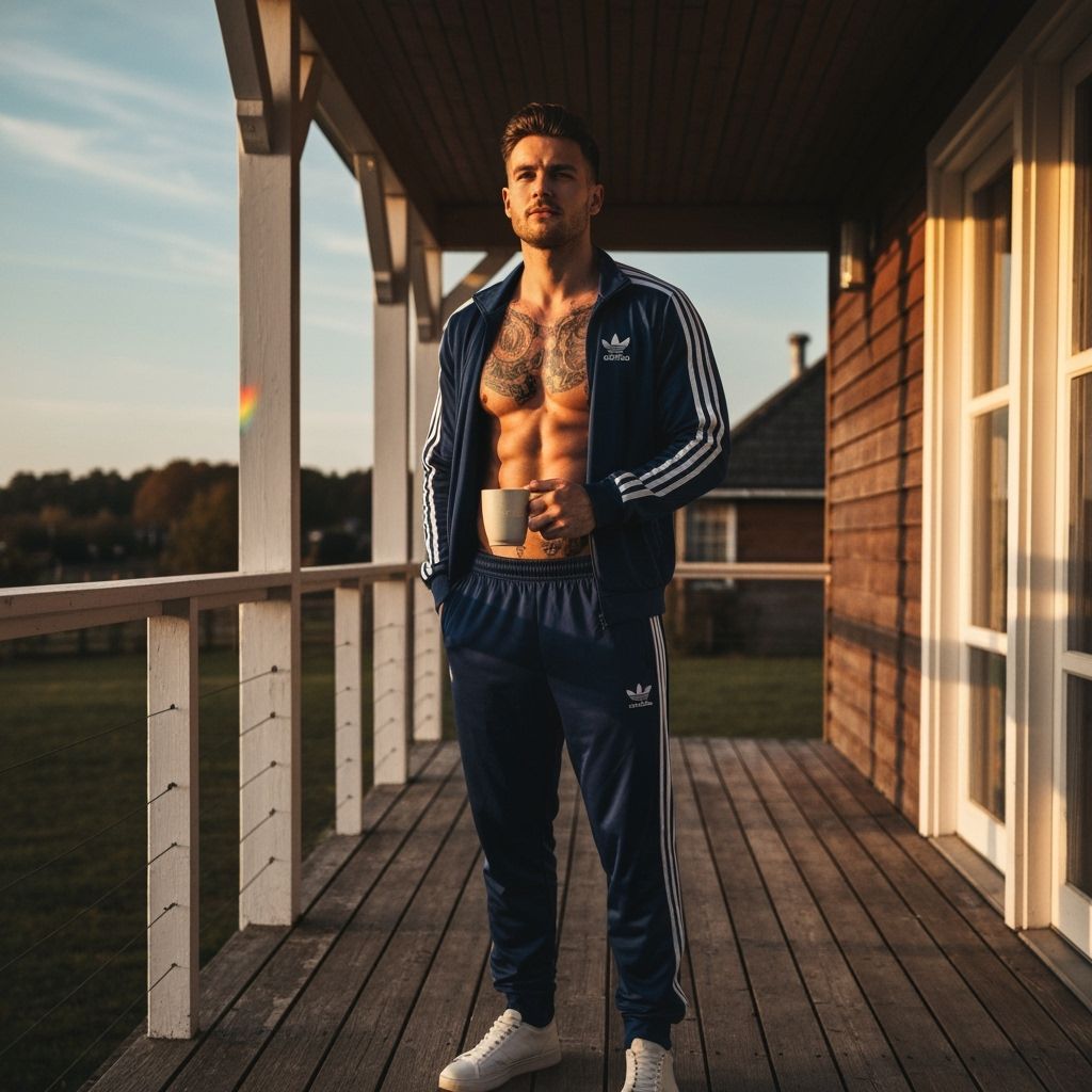 Confident Muscular Man on Veranda at Sunrise