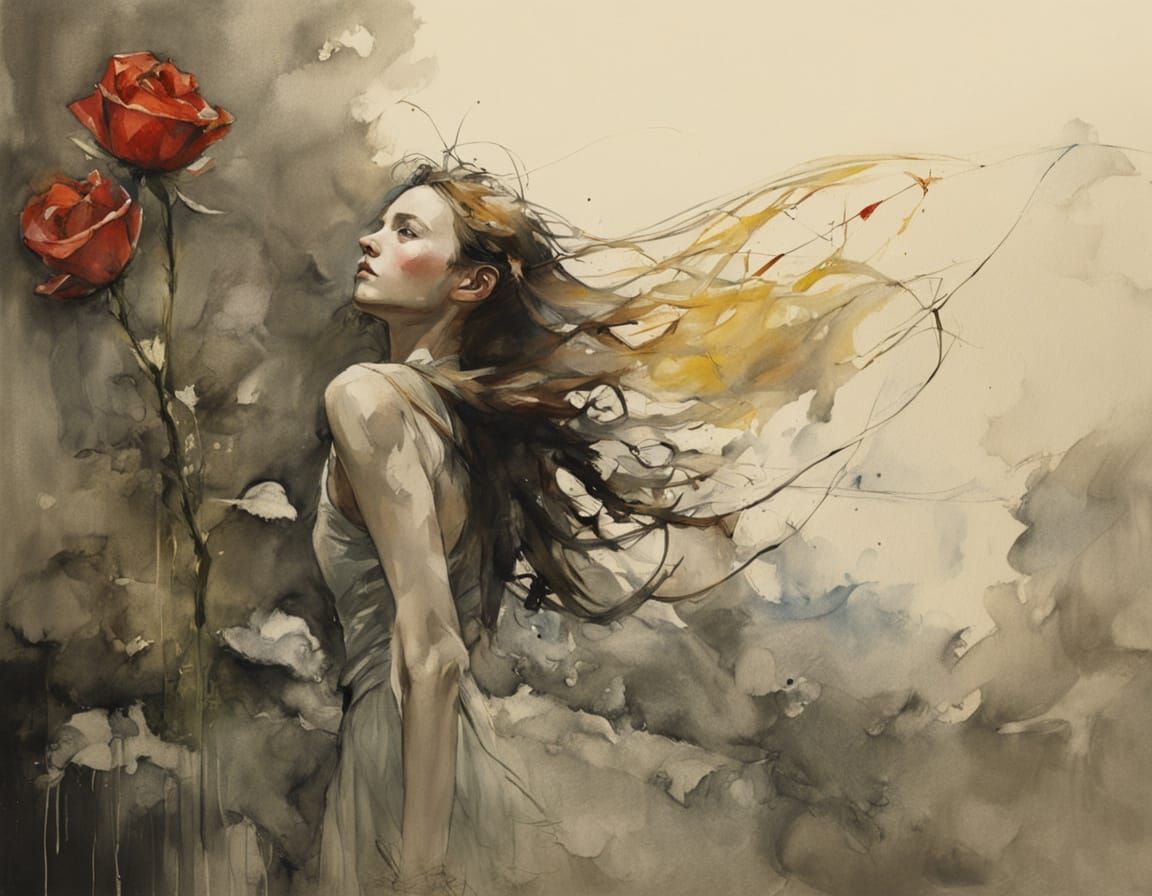 Fairy in Wind with Rose, Mixed Media Painting