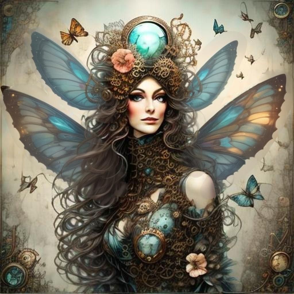 Steampunk Fairy Woman with Butterfly Wings