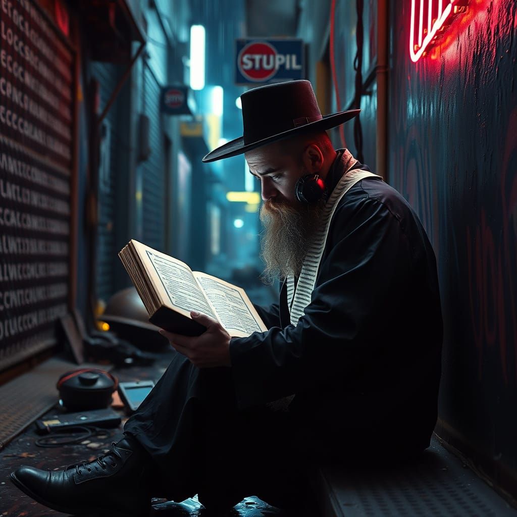 Cyberpunk Rabbi in Neon Alleyway