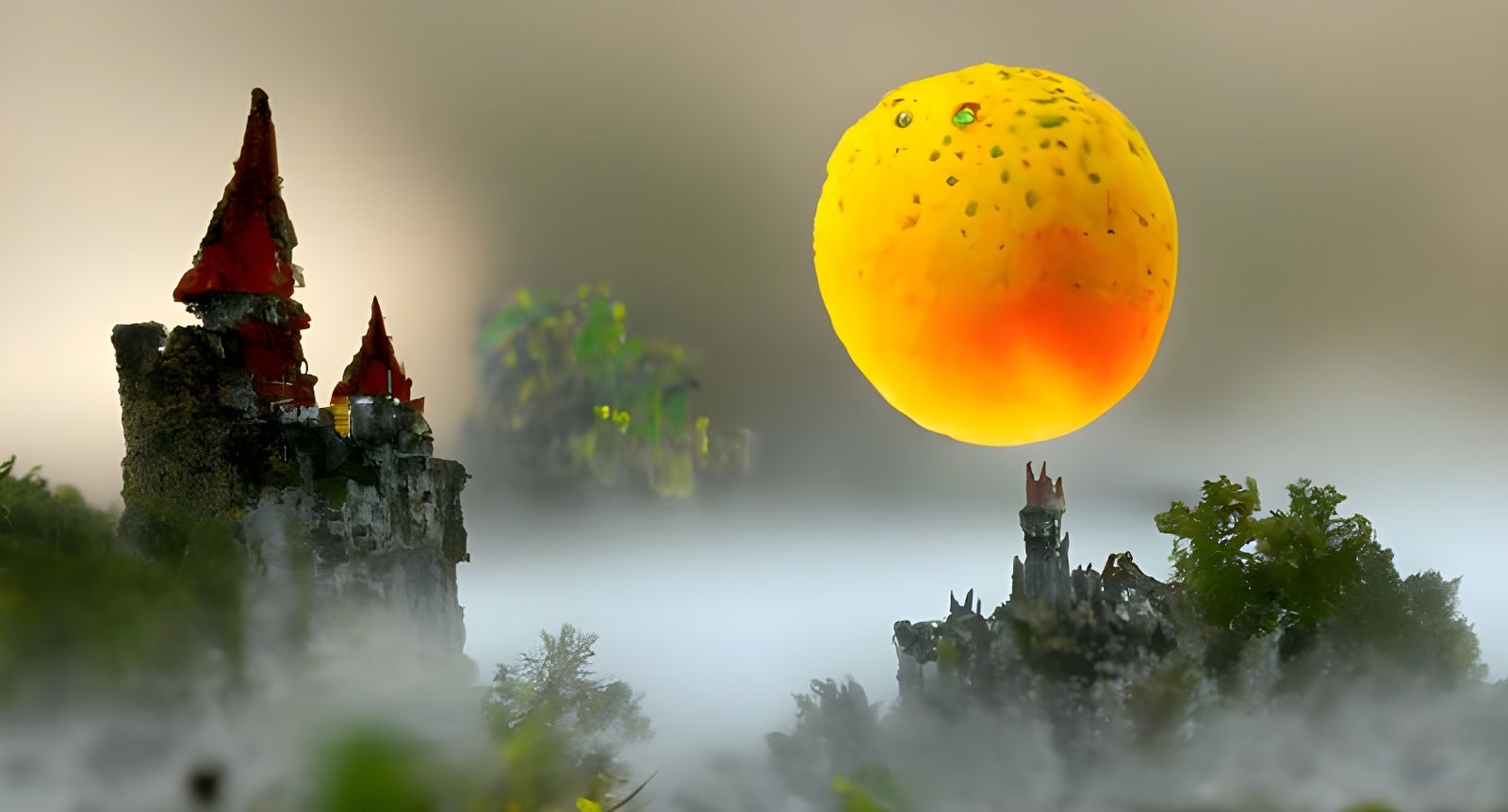 Misty Gothic Castle Ablaze with Orange Goo