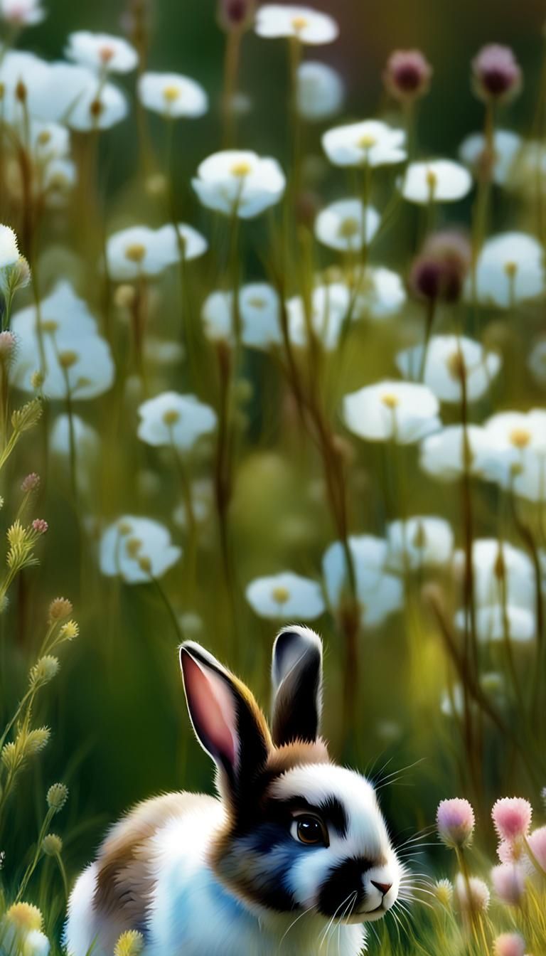 Rabbits Playing in Meadow: Watercolor Pastel Painting