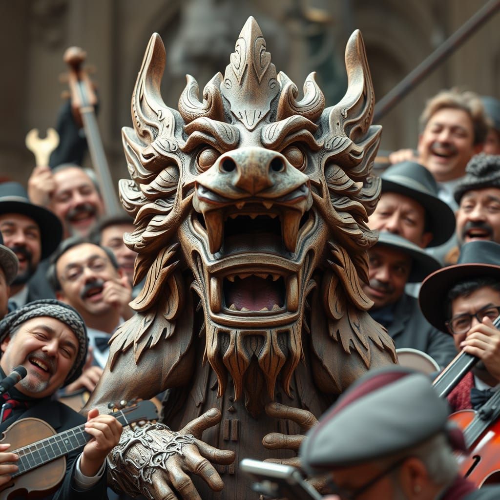 Mythical Wood Creature Sculpture with Ragtime Band