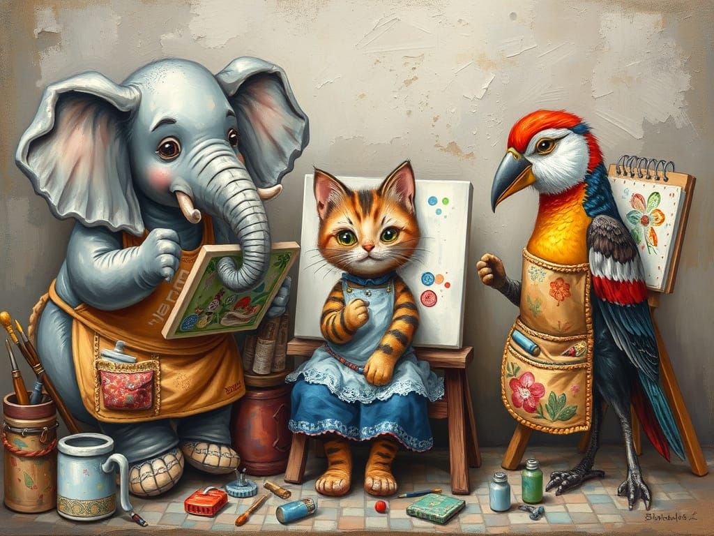 Animals Creating Art in Playful Oil Painting Style