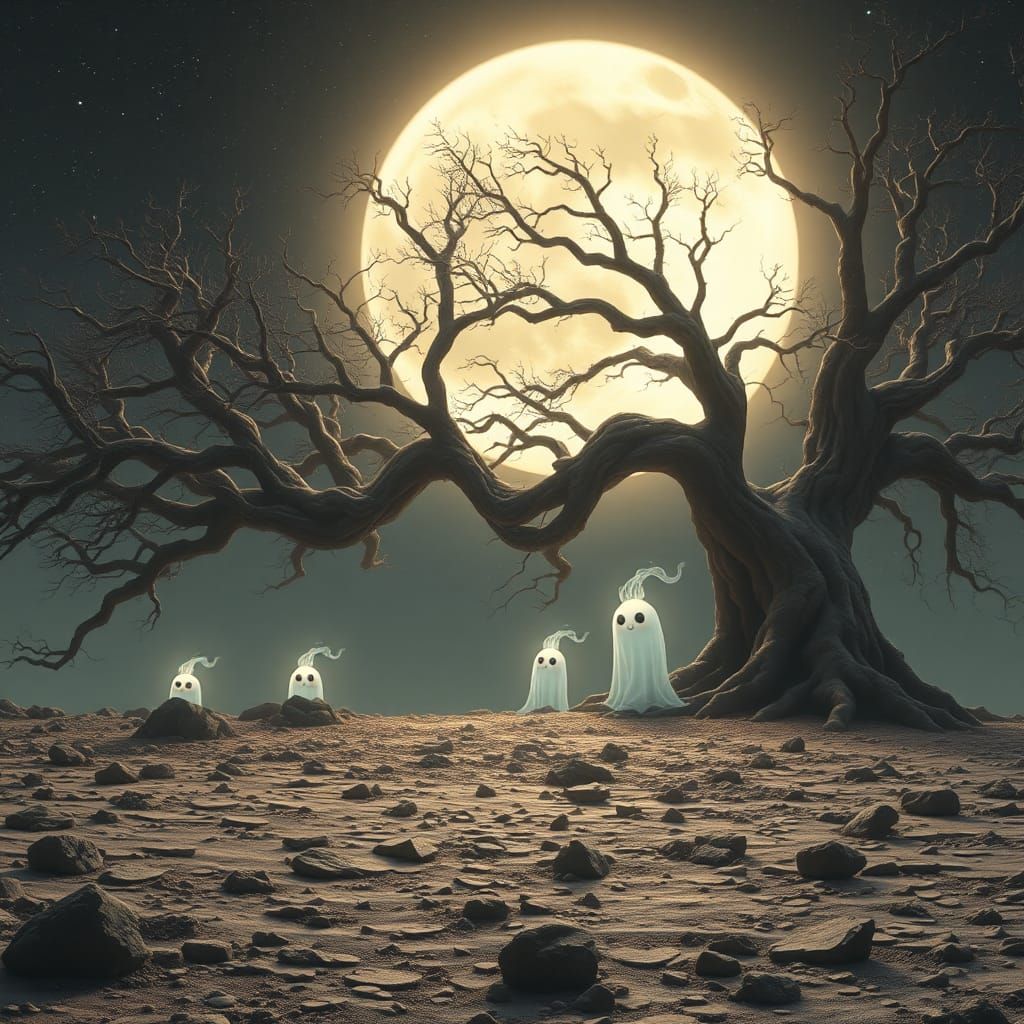 Ethereal Moonscape with Ancient Trees and Anime Ghosts