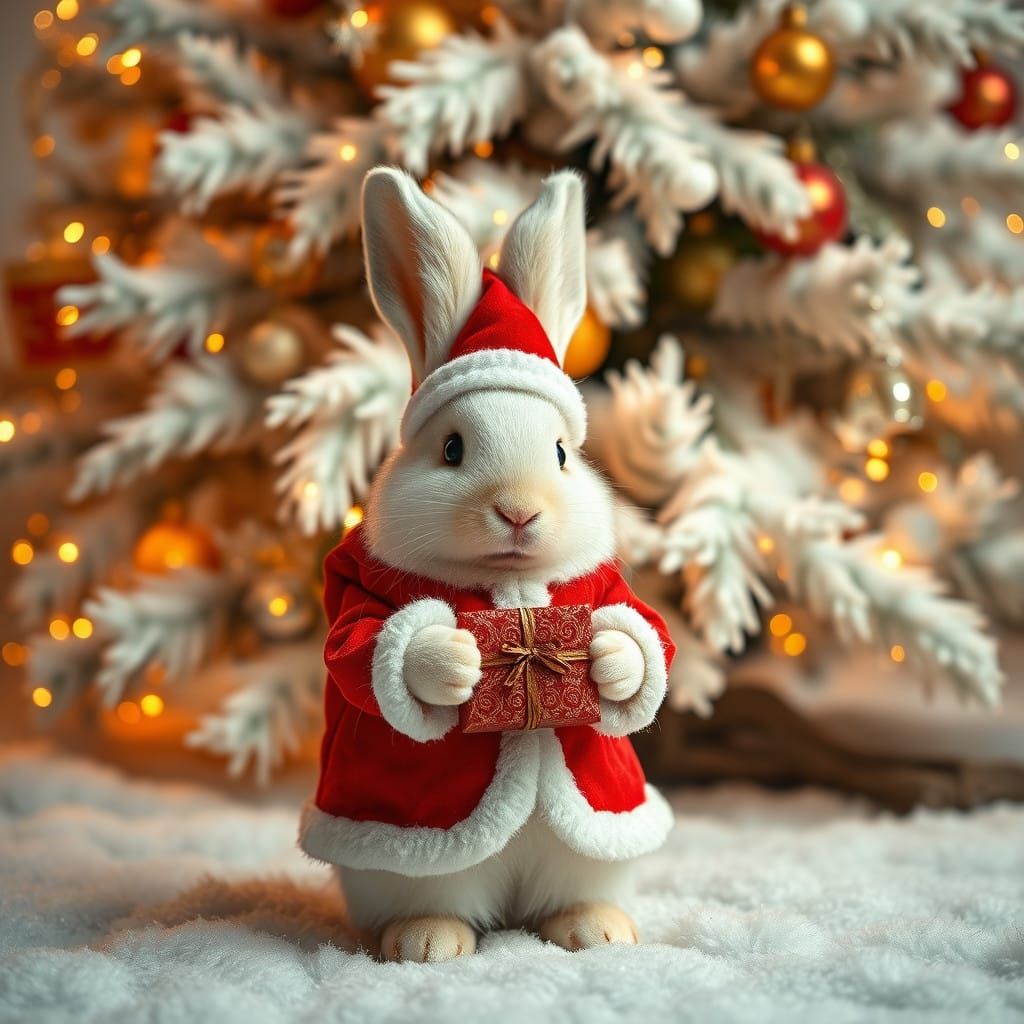 Whimsical Christmas Rabbit in Santa Costume