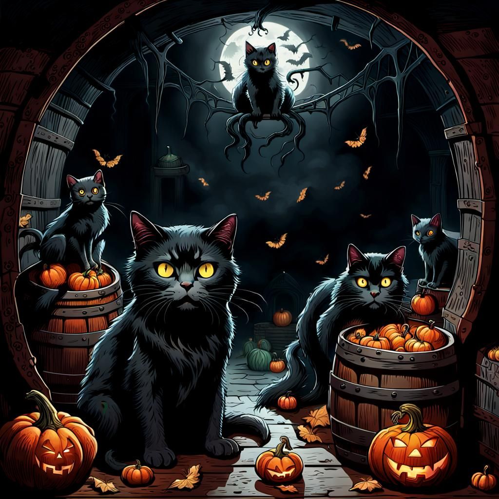 black cats at Halloween in the basement