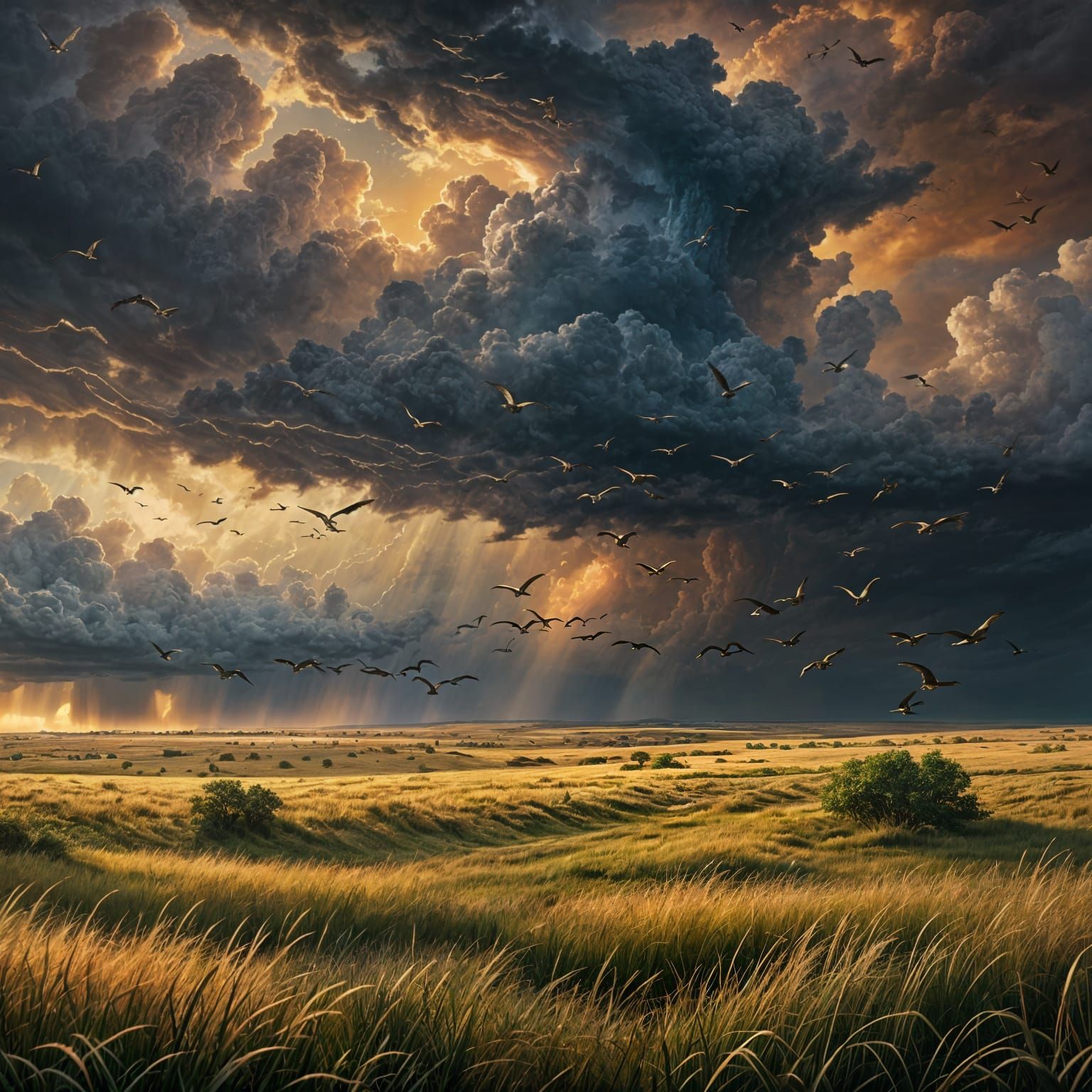 Kansas Grasslands Under a Dramatic Storm Sky
