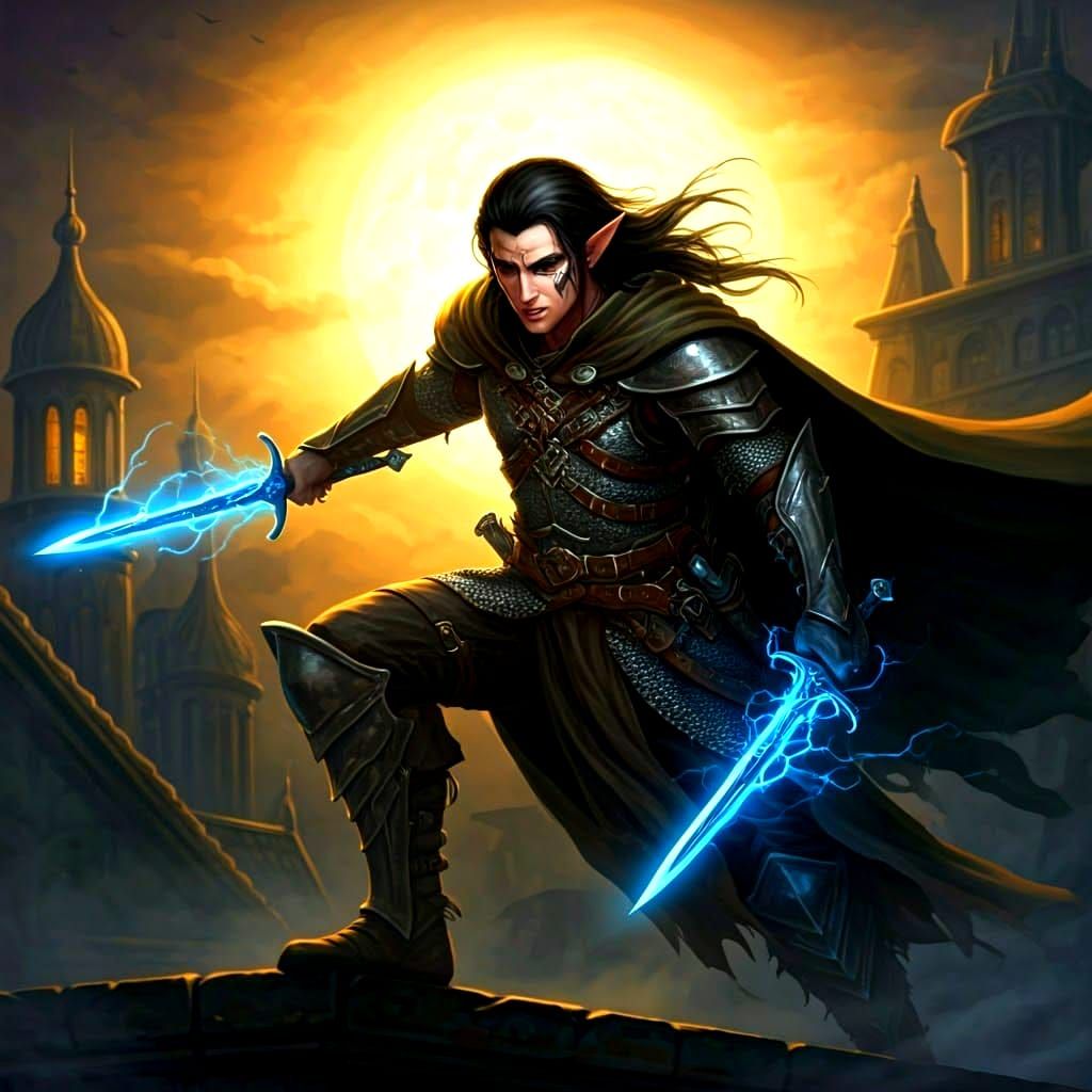 Half Elf Rogue on Rooftop with Lightning Sword