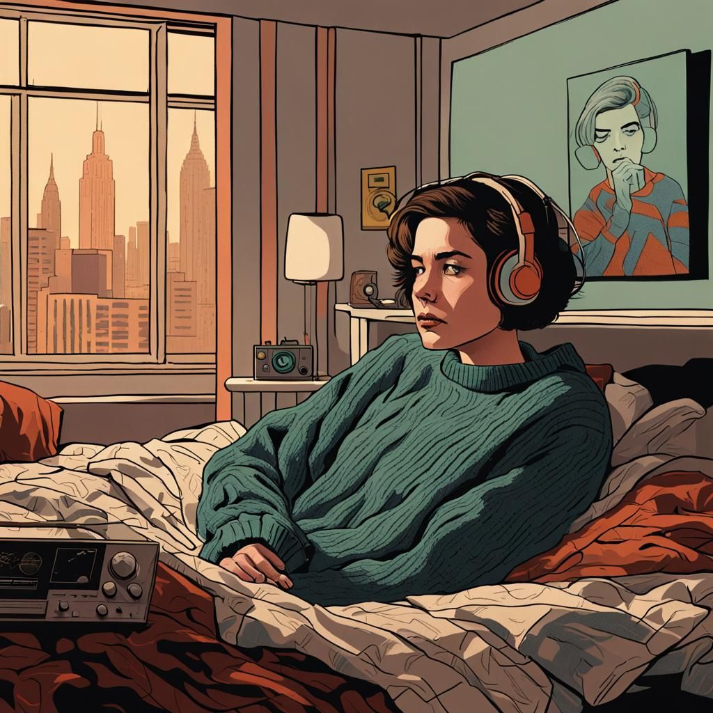 Sad Woman Listening to Music in NYC Apartment