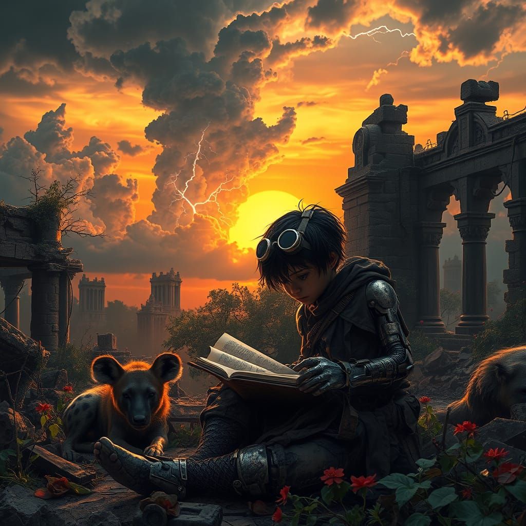 Cyberpunk Ruins Bask in Sunset Glory, Android Child Finds So...