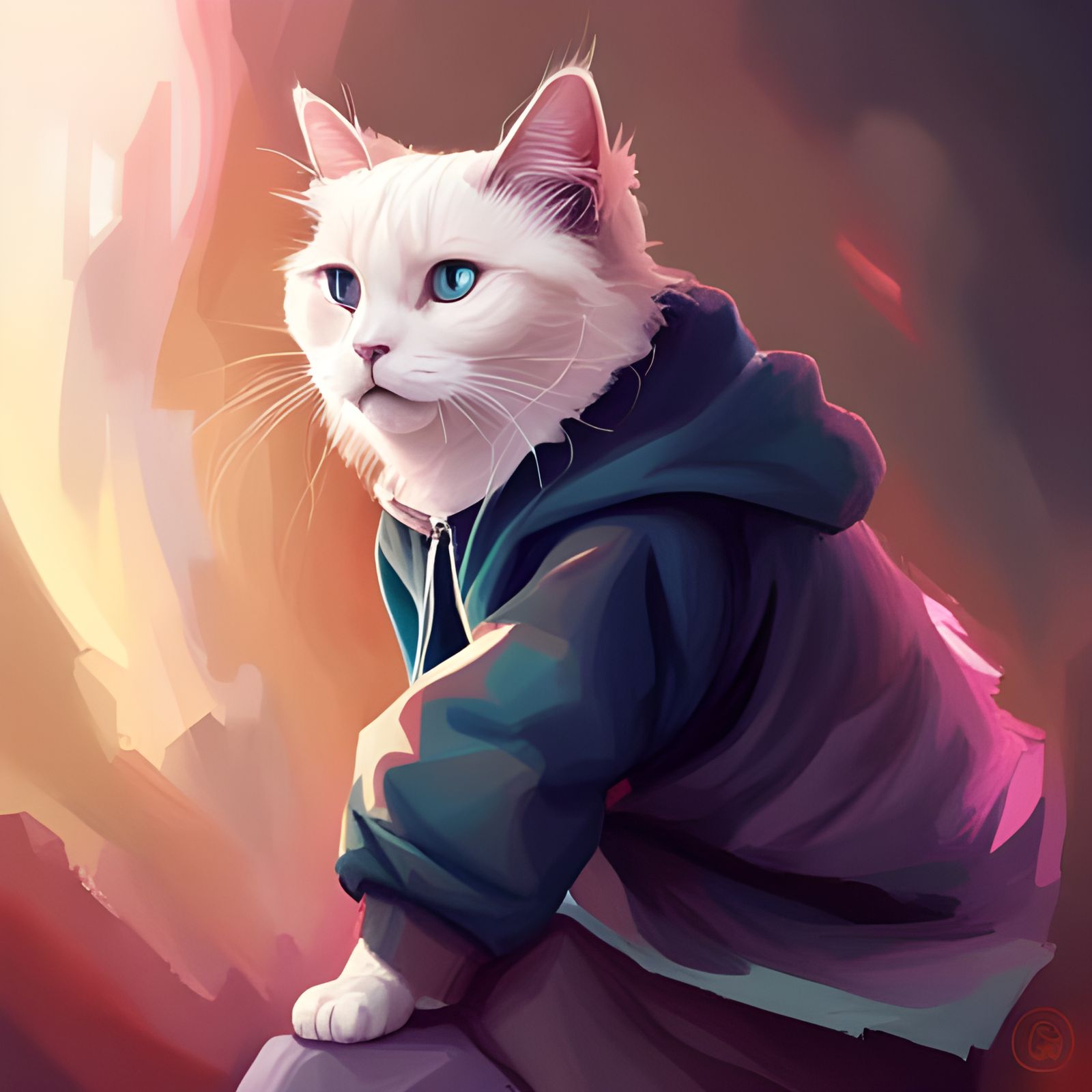 Ragdoll Cat Portrait in Hoodie, Detailed Digital Art