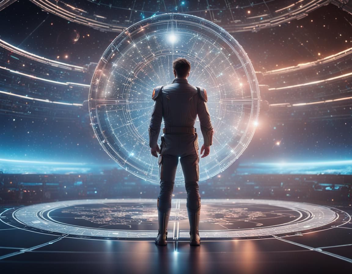 Futuristic Starship Captain at Celestial Map Station