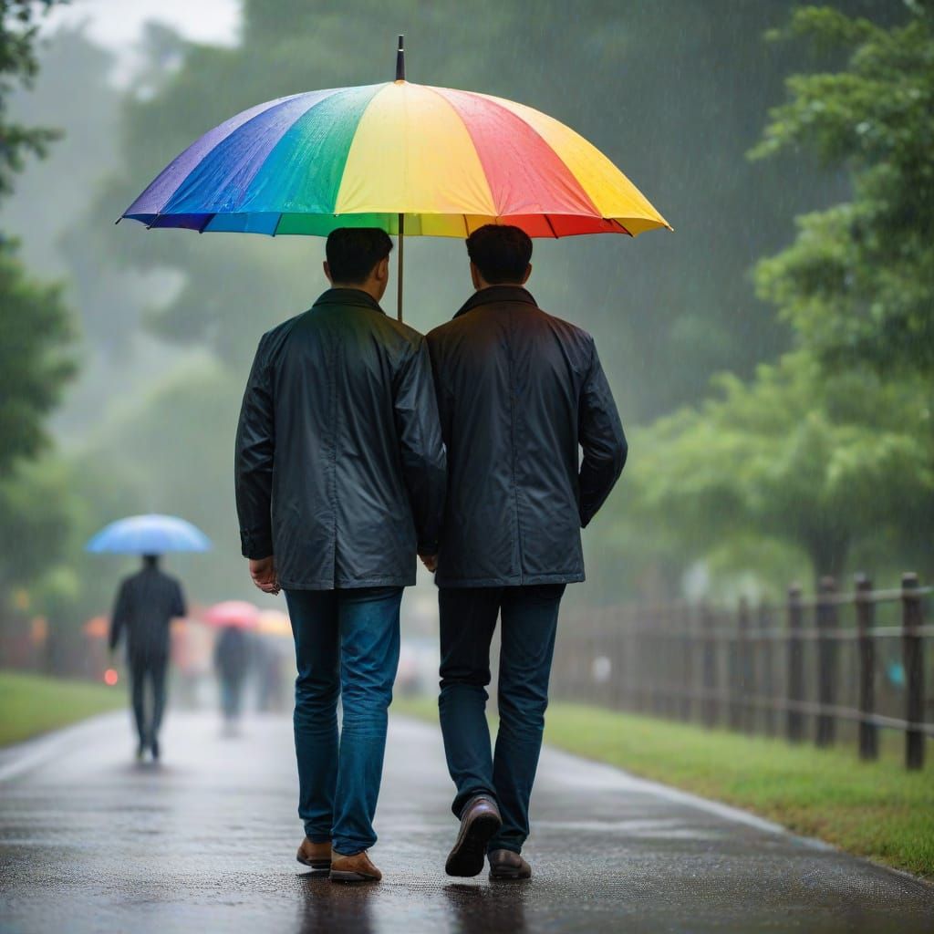 Men Walking Under Rainbow Umbrella on Rainy Day