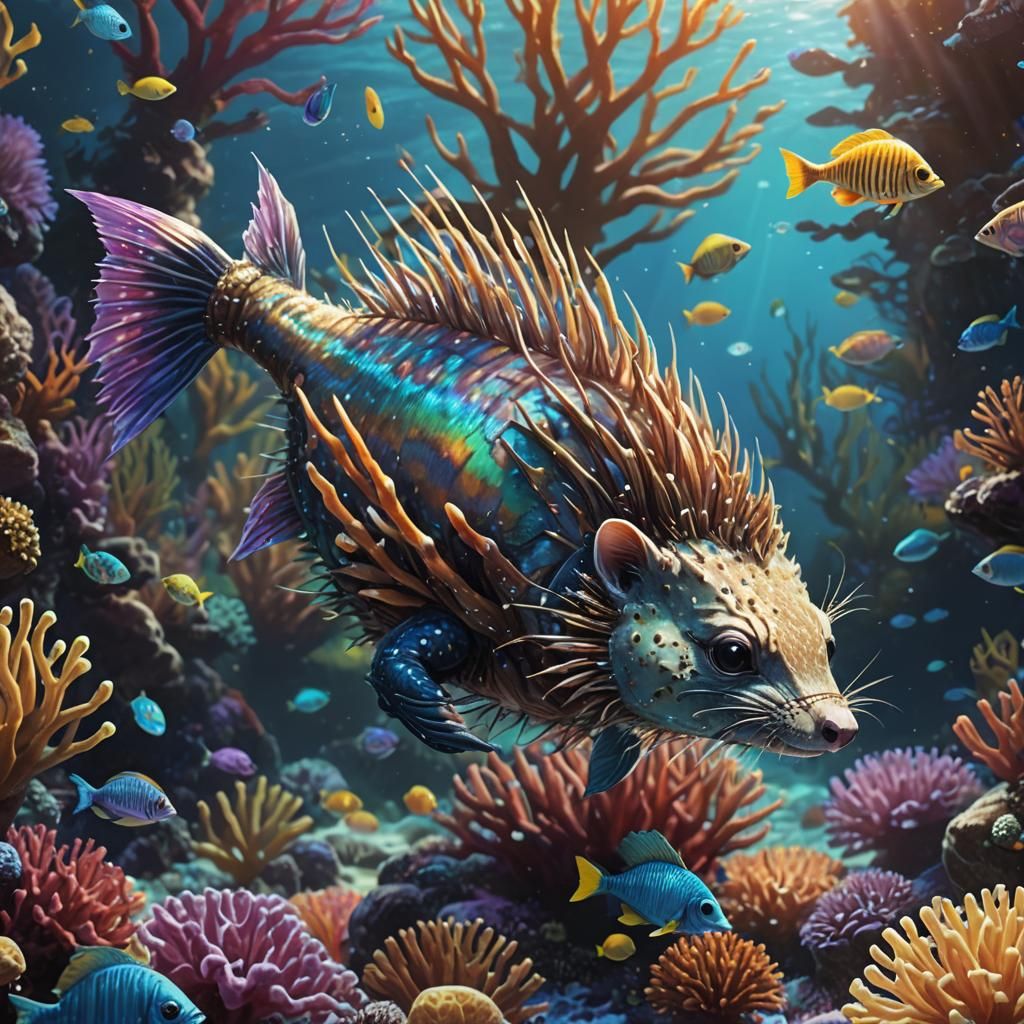 Fish-Cat-Porcupine Hybrid in Coral Reef: Concept Art
