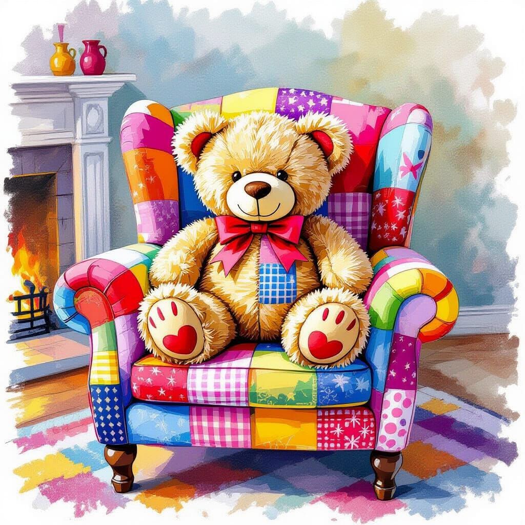 Patchwork Quilt Teddy Bear on Colorful Chair, Cozy Home Scen...