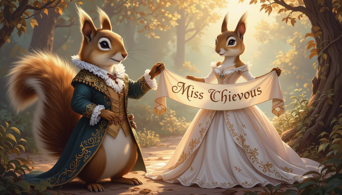 Whimsical Squirrel in Gown with Banner, in Rassouli Style