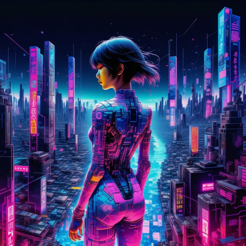 Pixelated Woman Plunges into Cyberpunk Cityscape