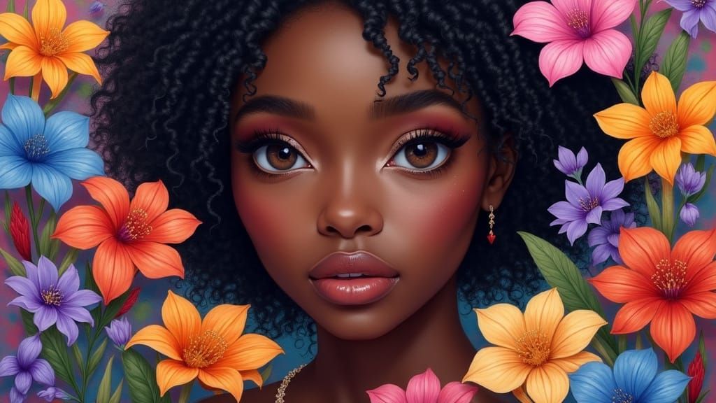 Enchanting Black Woman Portrait with Vibrant Floral Surround