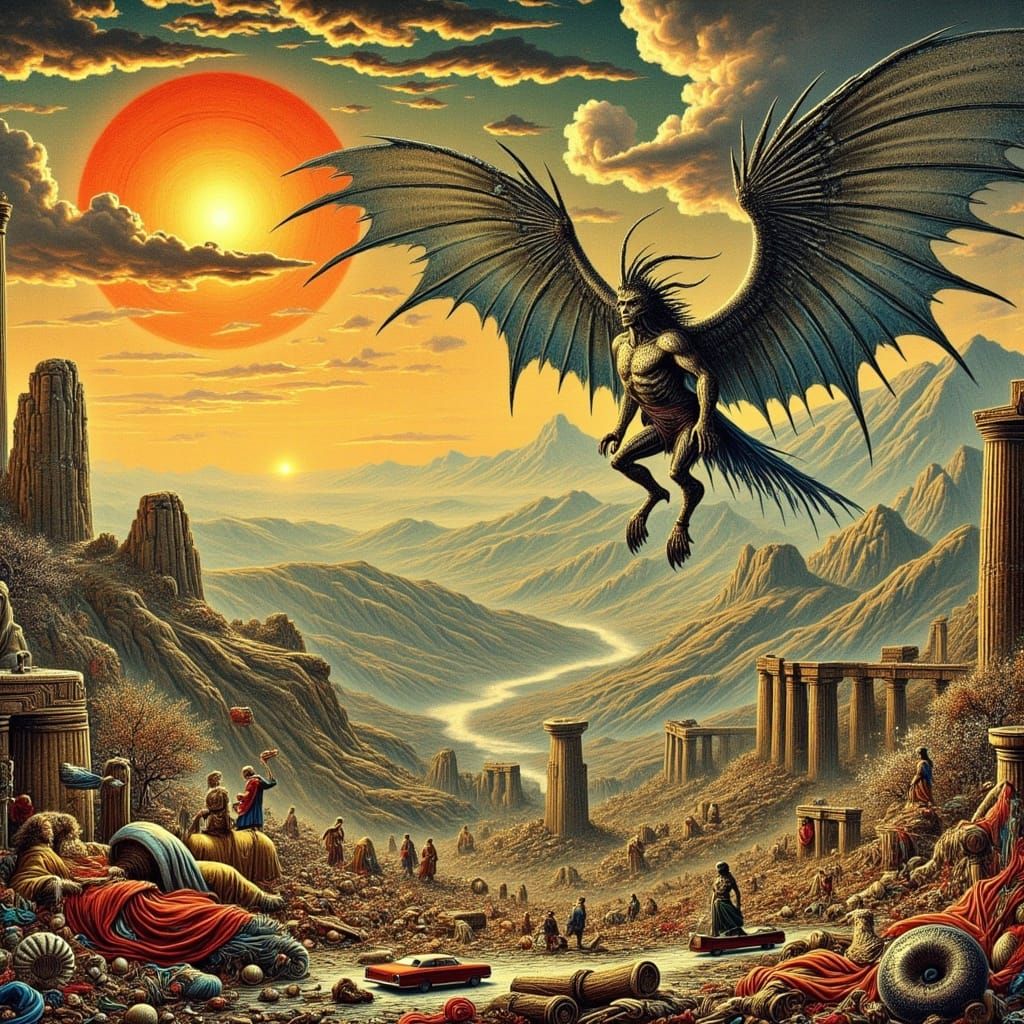 Surreal Roman Ruins Unveil a Demonic Winged Creature with a ...