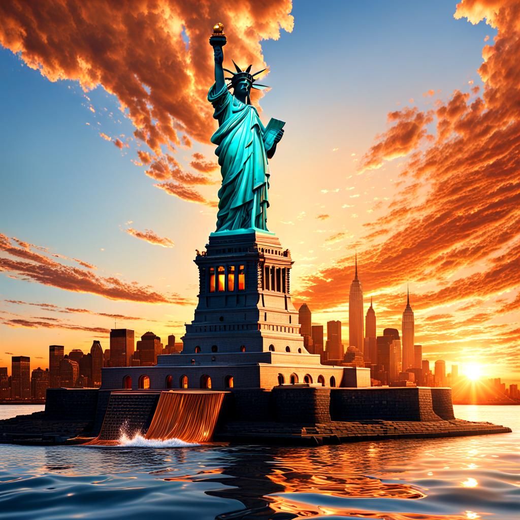 Statue of Liberty Sunrise: Hyperrealistic Splash Art