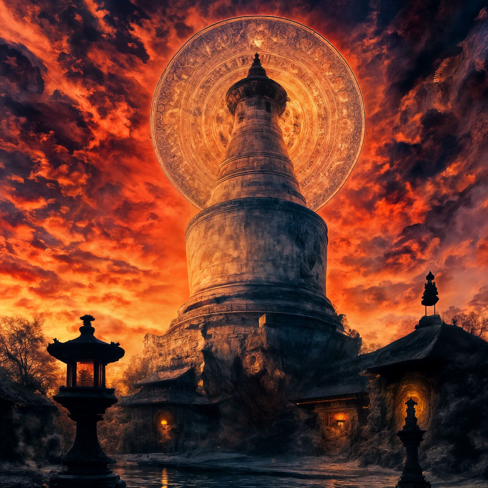 Miaoying Temple Pagoda at Sunset in Chinese Brush Style