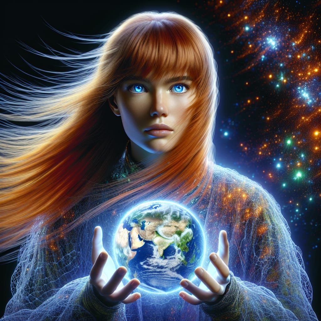 Red-Haired Woman Holding Earth in Space