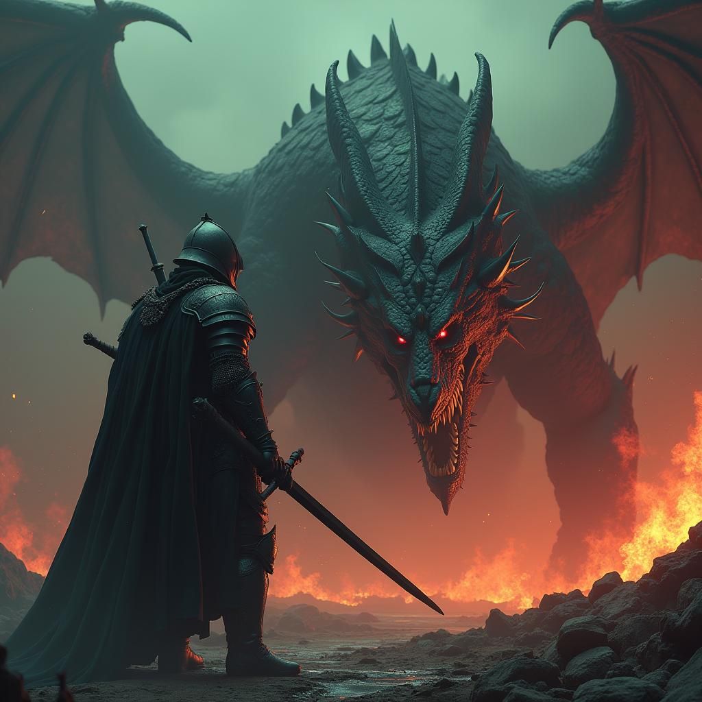 Knight Confronts Dragon in Dark Fantasy Landscape
