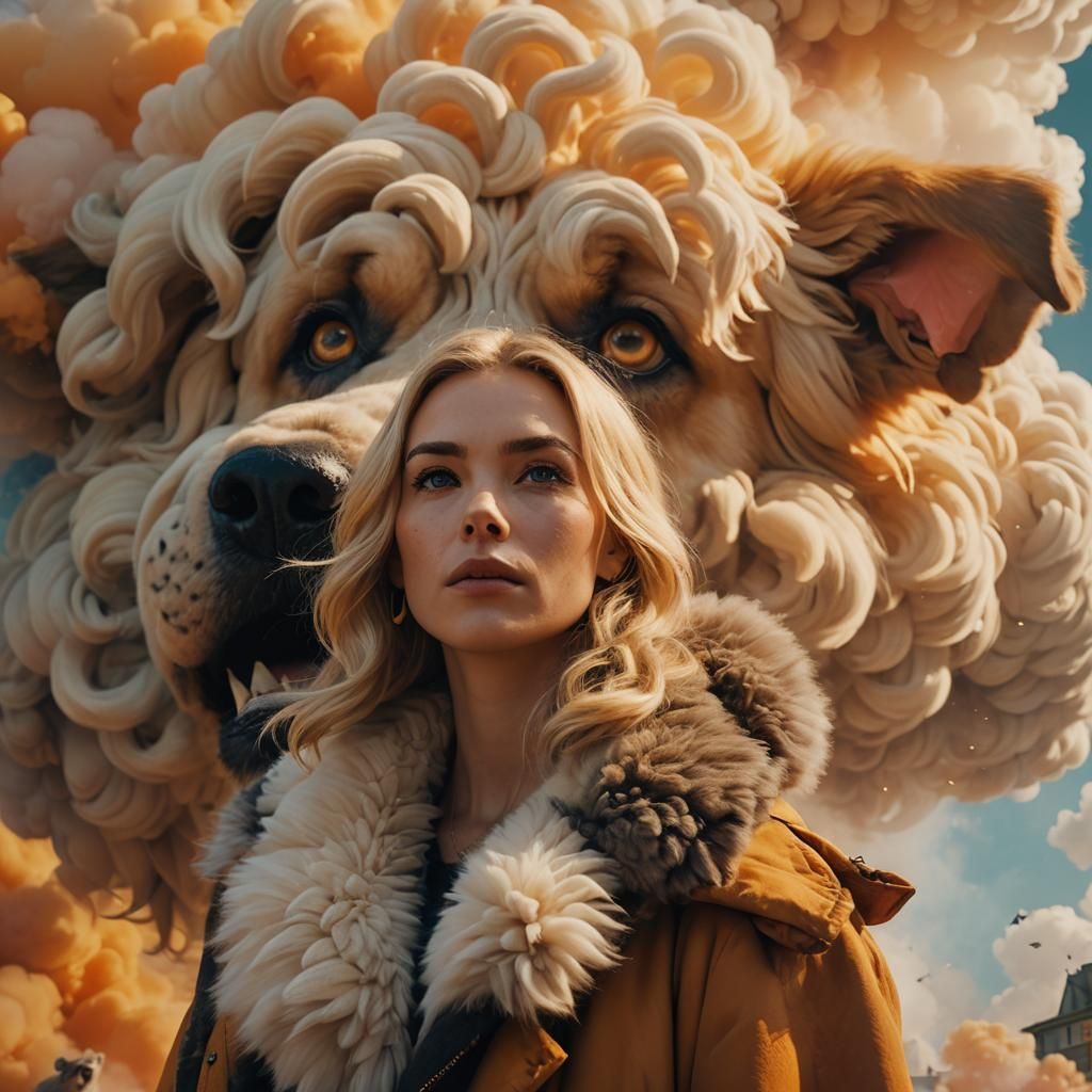 Surreal Woman and Cartoon Cloud Dog in Smoky Landscape