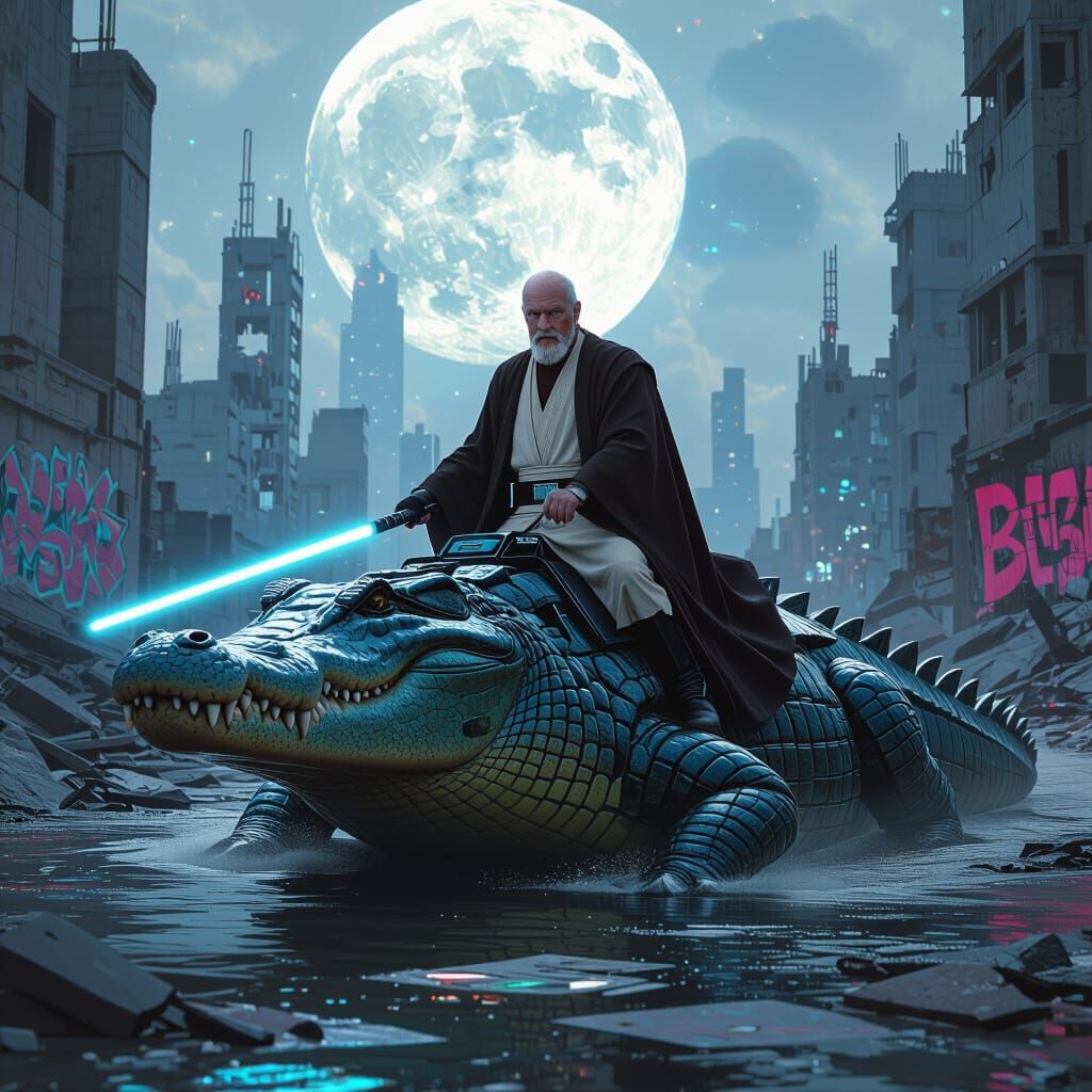 Cyberpunk Crocodile Rider in Post-Apocalyptic City