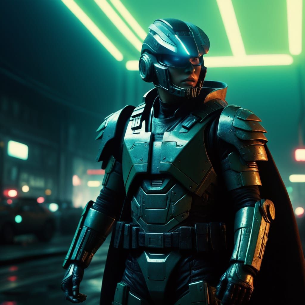 Japanese Female Superhero in Neon-Futuristic Armor