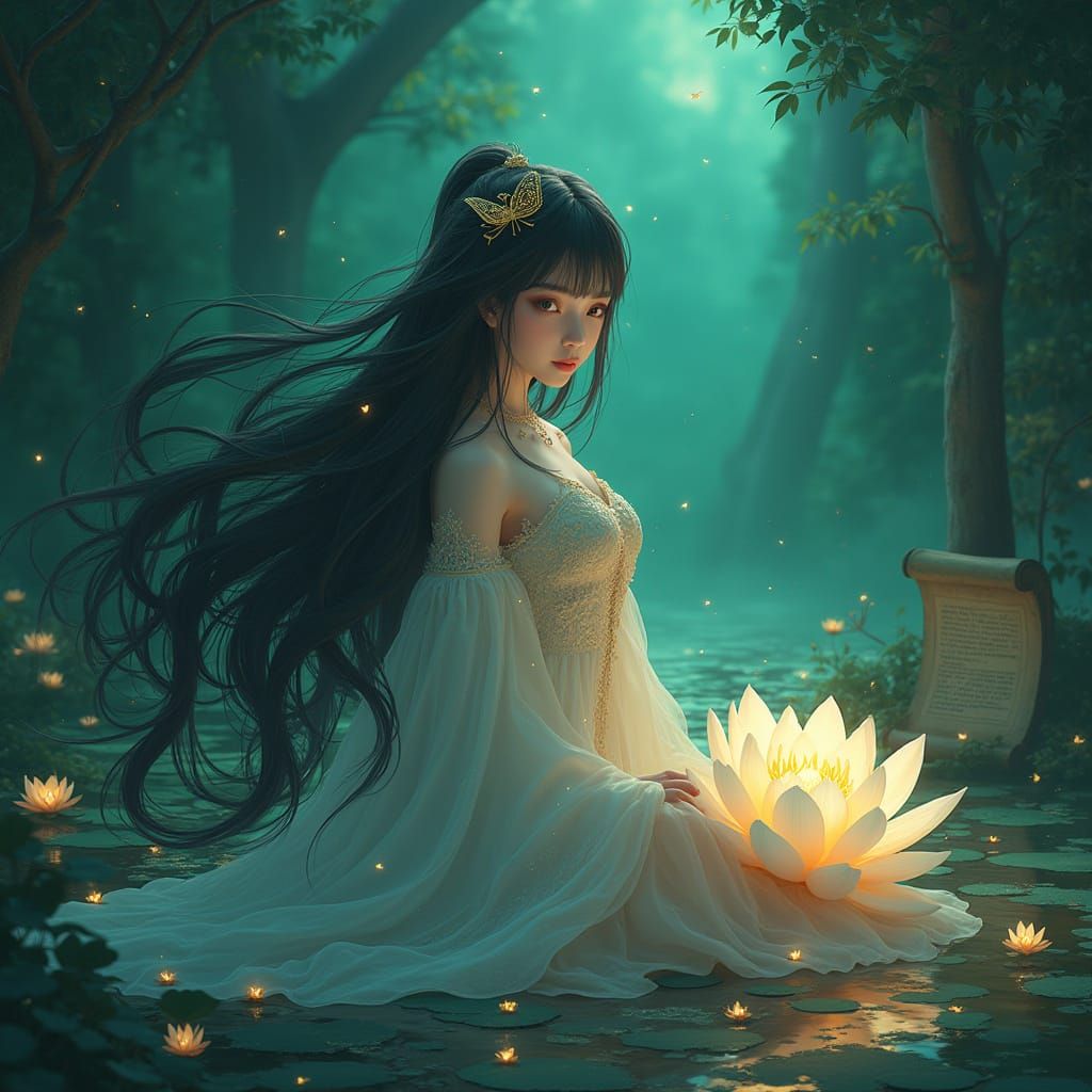 Ethereal Goddess Amidst Musical Instruments and Ancient Scro...