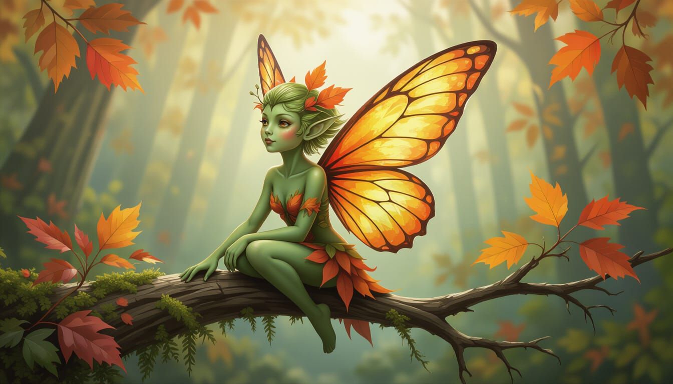 Autumn Leafwing Fairy on Forest Branch