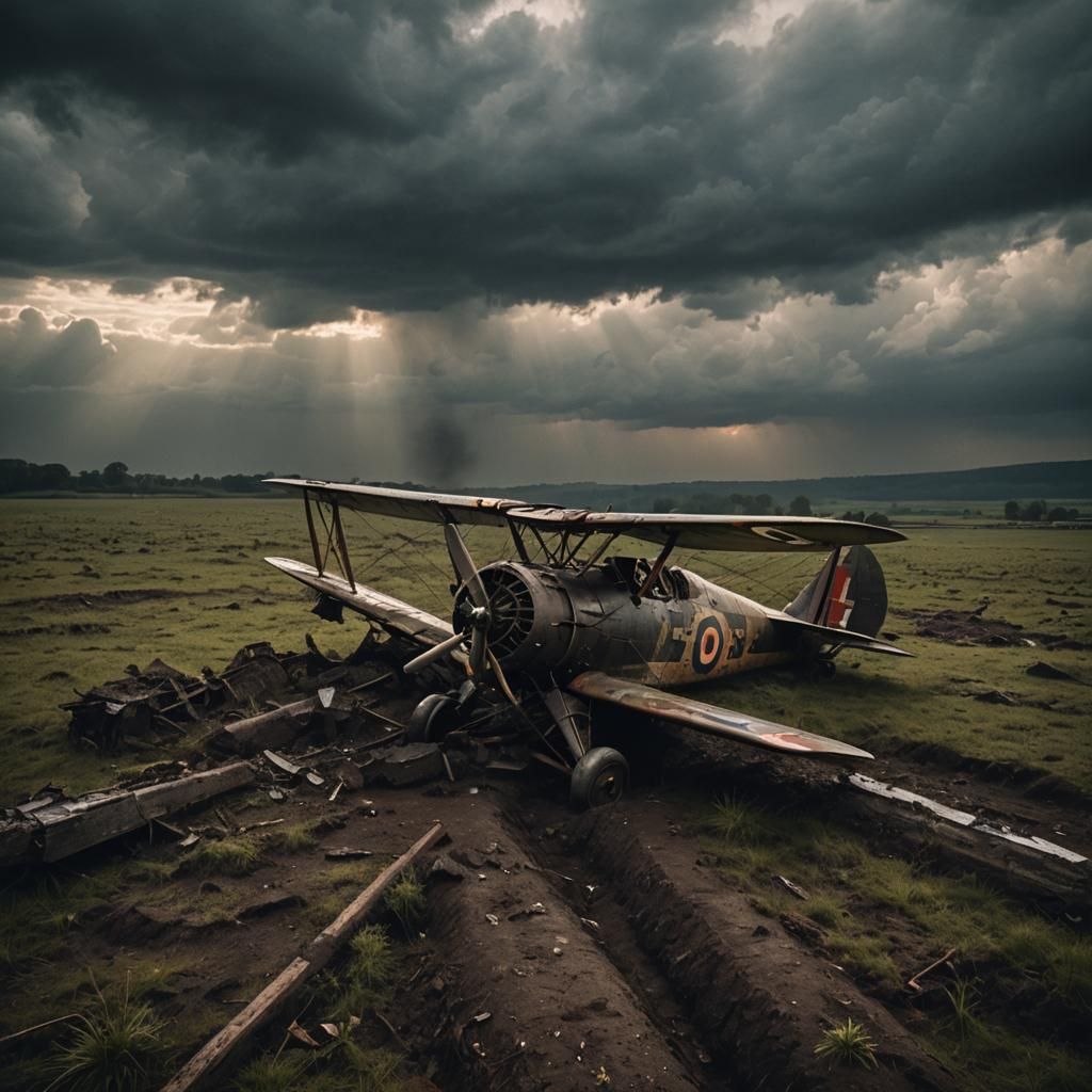 WWI Biplane Crash in Dark Romanticism Style