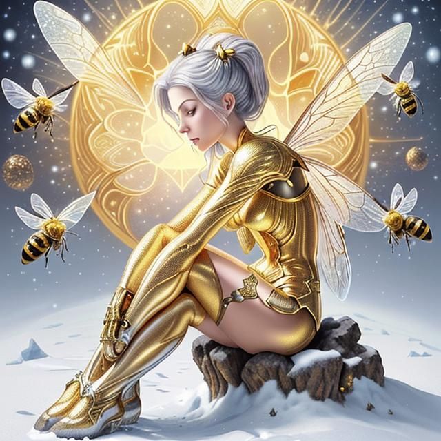 Golden Fairy on Snowy Ground in Alex Grey Style